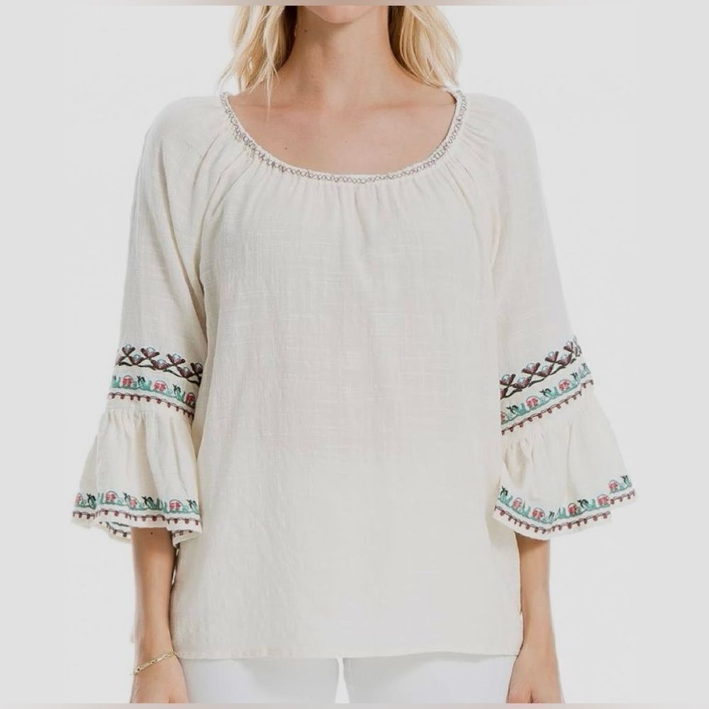 Max Studio Embroidered Bell Sleeve Peasant Blouse Top L/XL